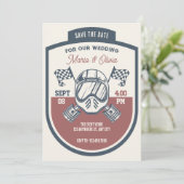 Retro motorrace bruiloft save the date (Staand voorkant)