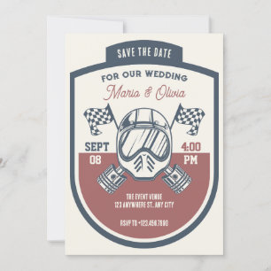 Retro motorrace bruiloft save the date