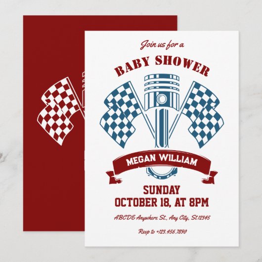 Retro motorracemachine baby shower kaart (Voorkant / Achterkant)