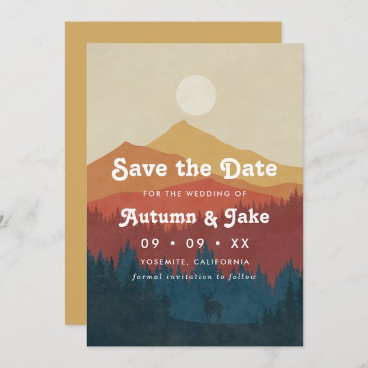 Retro Mountain en Forest Overlay Wedding Save The Date (Voorkant / Achterkant)