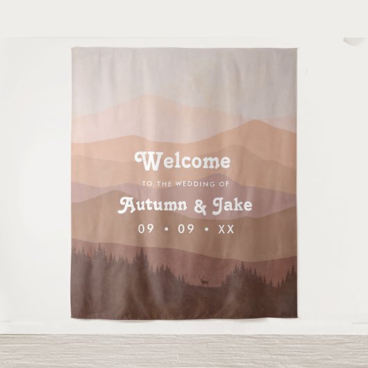 Retro Mountain en Forest Pink Wedding Welcome Wandkleed (Voorkant)