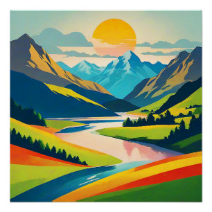 Retro Mountain Landscape Illustratie Kleurrijk Perfect Poster