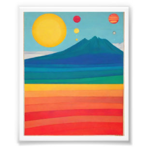 Retro Mountain Landscape Illustratie Rood Blauw PO Foto Afdruk