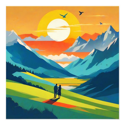 Retro Mountain Landscape Liefde Foto Afdruk (Voorkant)