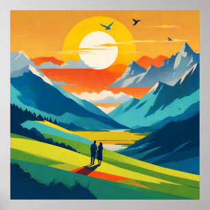 Retro Mountain Landscape Liefde Poster