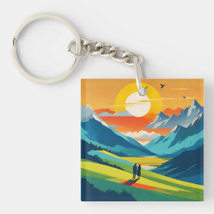 Retro Mountain Landscape Liefde Sleutelhanger