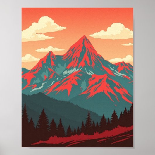 Retro Mountain Landscape Red Blue Poster (Devant)
