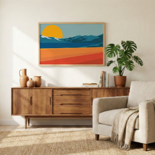 Retro Mountain Landschap Illustratie Blauw Geel Poster