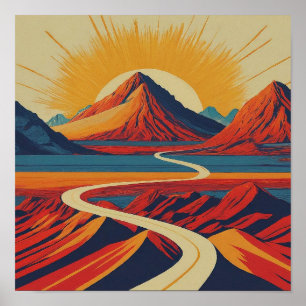 Retro Mountain Landschap Illustratie Modern Rood Poster