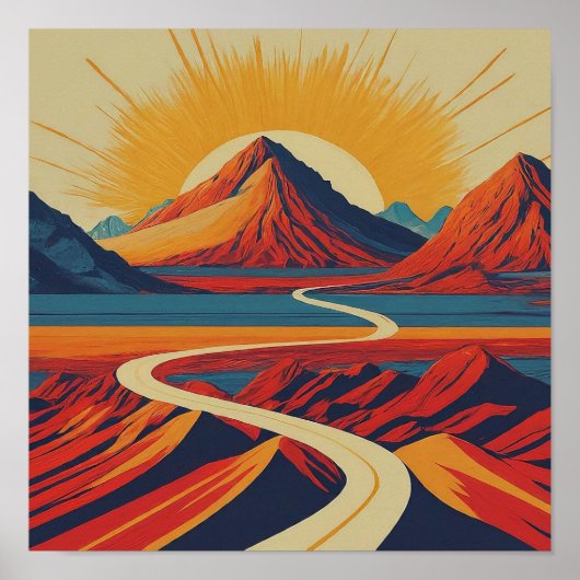 Retro Mountain Landschap Illustratie Modern Rood Poster (Voorkant)