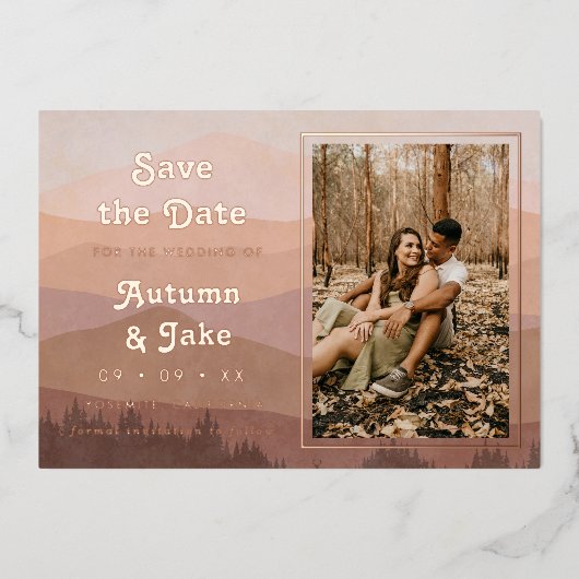 Retro Mountains Photo Weddenschap Save the Date Folie Uitnodiging (Voorkant)