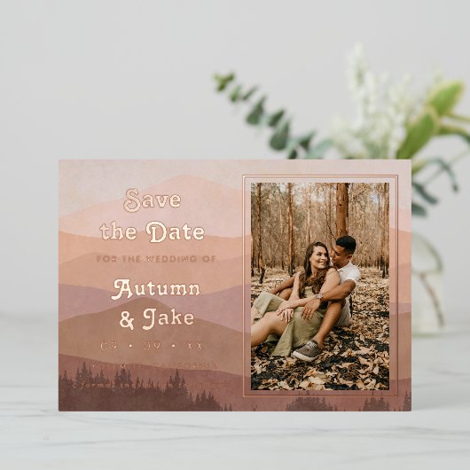 Retro Mountains Photo Weddenschap Save the Date Folie Uitnodiging (Staand Voorkant)