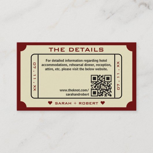Retro Movie Ticket Stub QR Code Bruiloft Details Informatiekaartje (Voorkant)