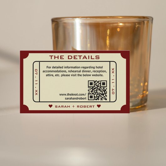 Retro Movie Ticket Stub QR Code Bruiloft Details Informatiekaartje