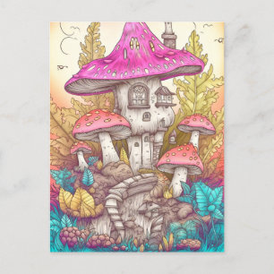 Retro Mushroom Village Illustratie Kunst Briefkaart