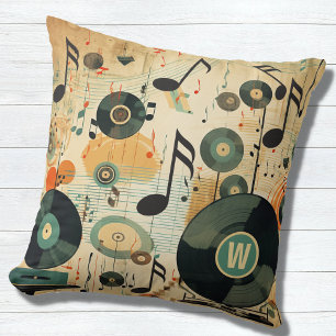 Retro Music Lover's Vinyl Muzieknoten Monogram Kussen