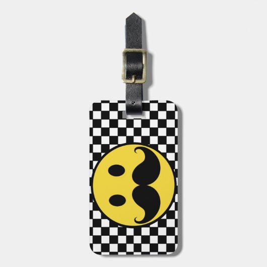 Retro Mustache Moutache w/ Checkerboard Bagagelabel (Voorkant verticaal)