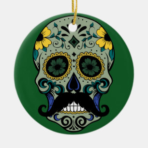 Retro Mustache Sugar Skull Keramisch Ornament