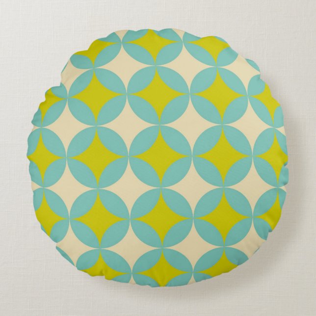 Retro Mustard and Teal Geometric Circle Pattern Rond Kussen (Voorkant)