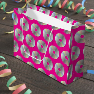 Retro Muziek CD's Patroon Hot Roze Grote Gift Bag Groot Cadeauzakje