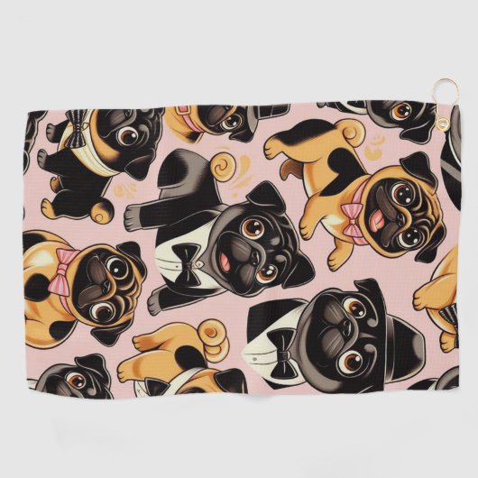 Retro Naadloze Schattigee Pug Golfhanddoek (Horizontaal)