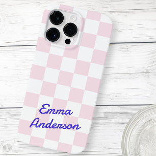 Retro naam licht roze witte schaakbord patroon Case-Mate iPhone 14 pro max hoesje
