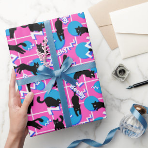 Retro Naam Roze Geometrische Memphis Patroon Katte Cadeaupapier