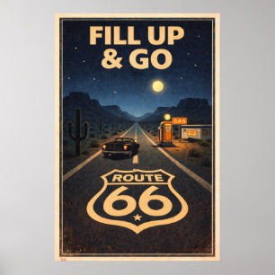 Retro Nacht Snelweg Route 66 Vintage Kunst Poster