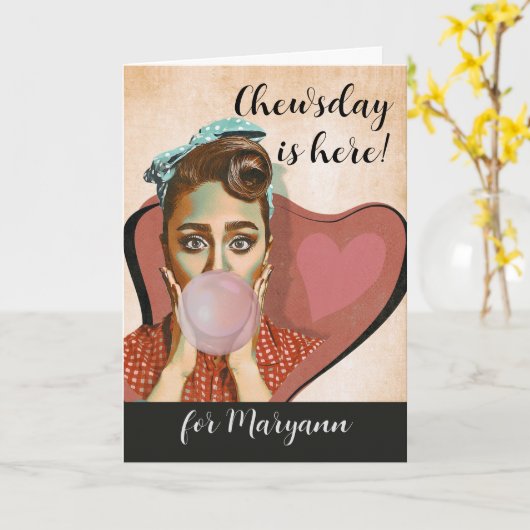 Retro National Bubble Gum Day Double Bubble Lady Kaart (Gele Bloem)