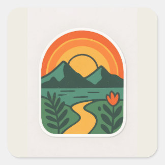 Retro Natuur Sunset -  Mountain Vierkante Sticker