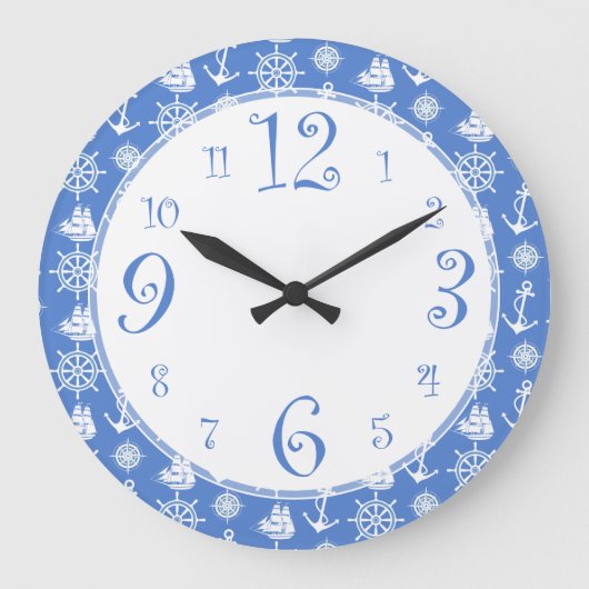 Retro Nautical Blue en White Kitchen Clock Grote Klok (Voorkant)
