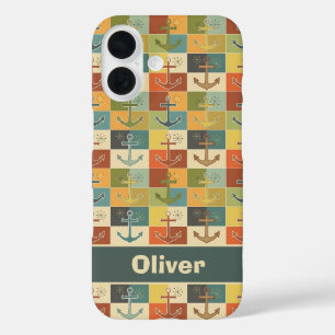 Retro Nautical Modern Anker Patroon iPhone 16 Hoesje