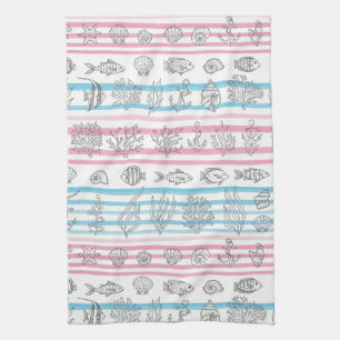 Retro nautisch aquarelpatroon (12) theedoek