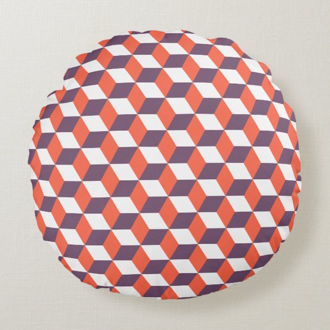 Retro Navy Blue Red Cube Modern Geometric Pattern Rond Kussen (Voorkant)
