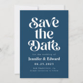 Retro Navy Blue Wedding Save The Date (Voorkant)