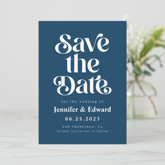 Retro Navy Blue Wedding Save The Date (Staand voorkant)