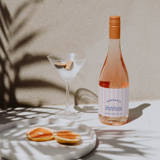 Retro Navy & Pink Stripes Bachelorette Sparkling Wijnetiket