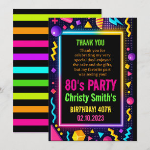 Retro Neon 80s Verjaardagsfeest voor Volwassenen Bedankkaart