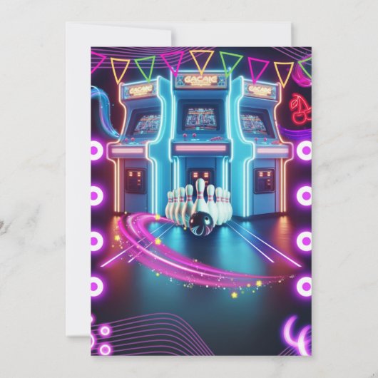 Retro Neon arcade & bowling gaming verjaardagsfees Kaart (Achterkant)