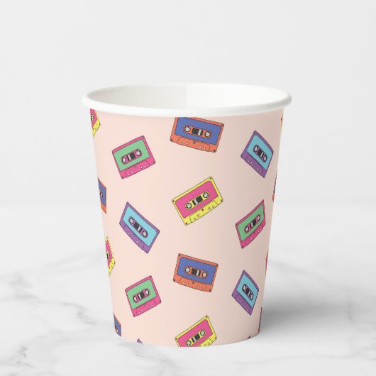 Retro Neon Audio Cassettebandje Patroon Papieren Bekers (Links)