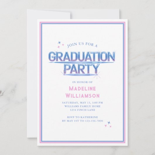 Retro Neon Blauw Roze Graduation Party Uitnodiging (Voorkant)