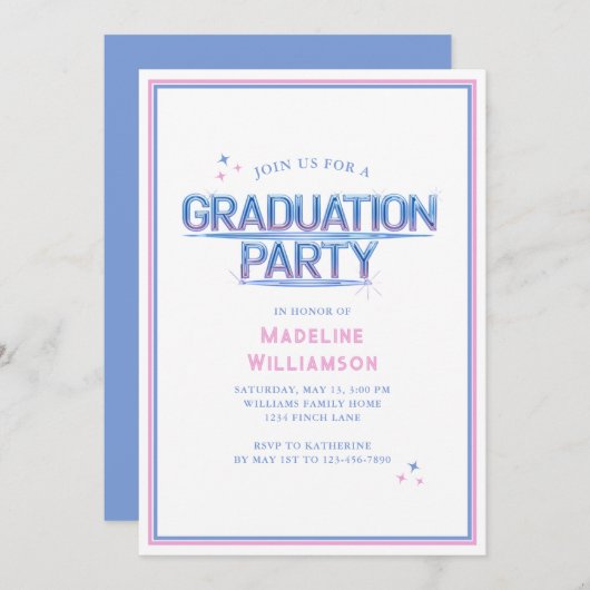Retro Neon Blauw Roze Graduation Party Uitnodiging (Voorkant / Achterkant)