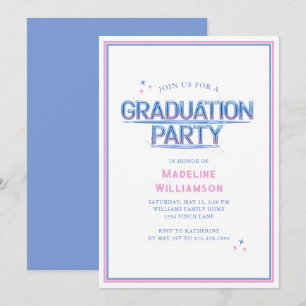 Retro Neon Blauw Roze Graduation Party Uitnodiging