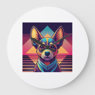 Retro Neon Chihuahua � Levendige Synthwave Honden Grote Klok