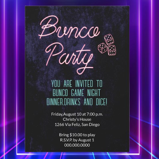 Retro Neon Dice Bunco Game Party Event Kaart