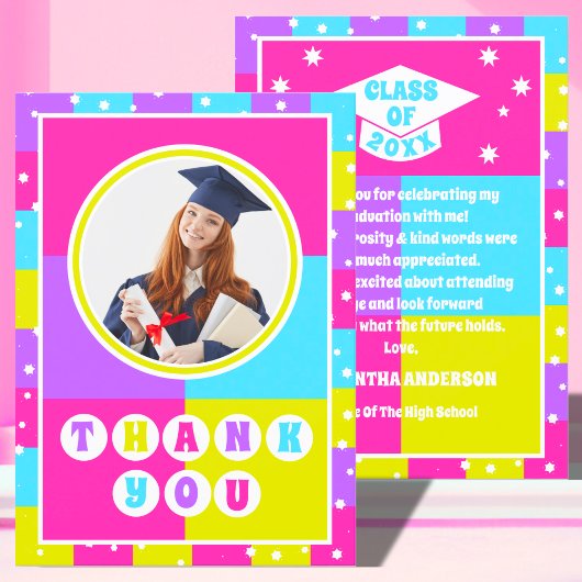 Retro Neon Foto Afstuderen Bedankkaart