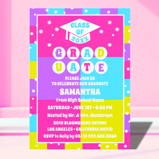 Retro Neon Graduation Party Uitnodiging