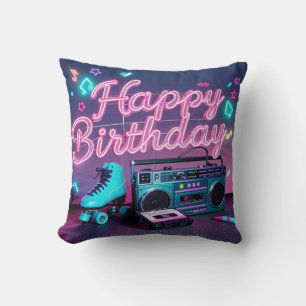 Retro neon Happy Birthday teken in roze en blauwgr Kussen