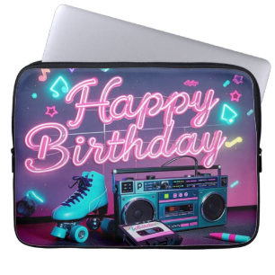 Retro neon Happy Birthday teken in roze en blauwgr Laptop Sleeve