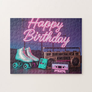 Retro neon Happy Birthday teken in roze en blauwgr Legpuzzel